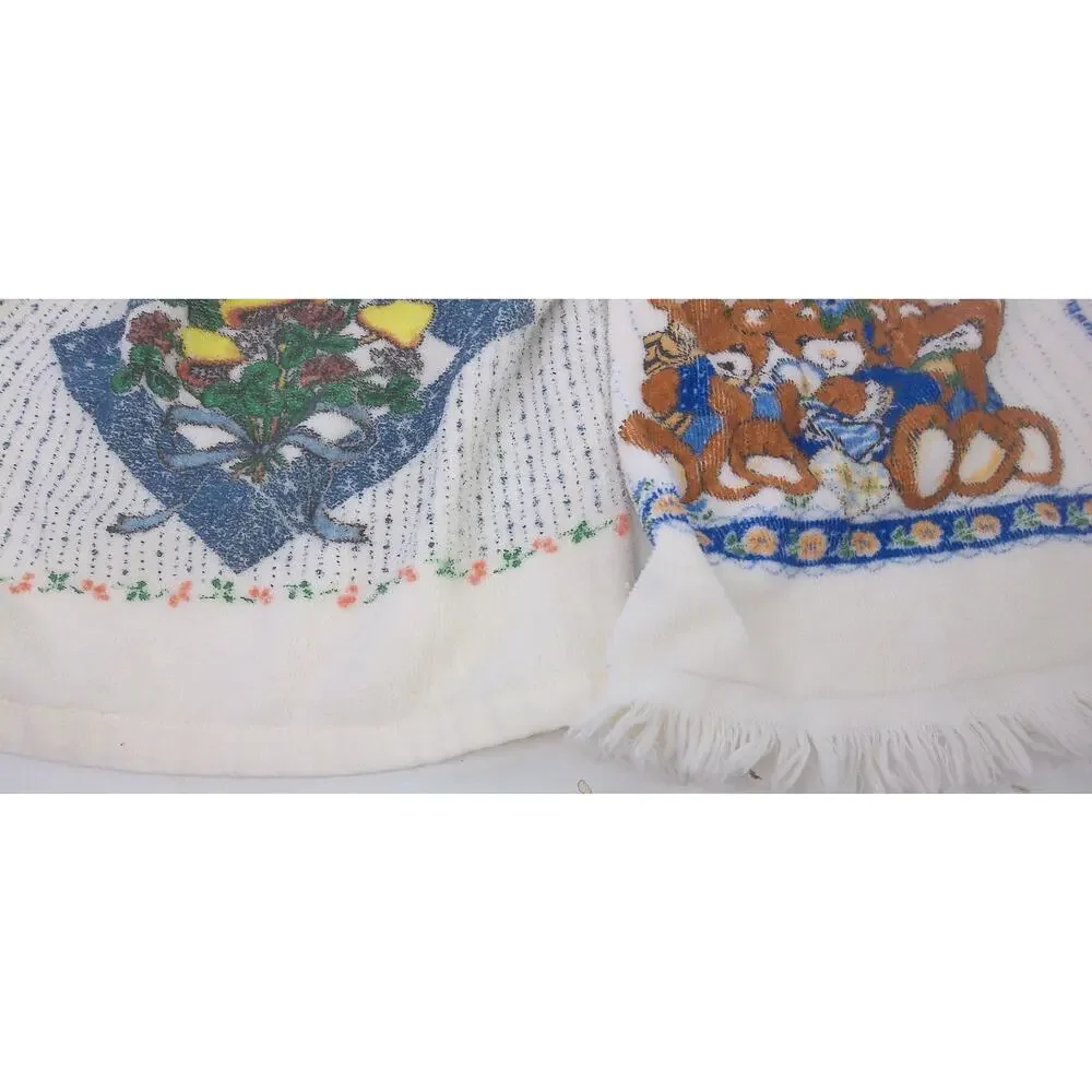 Vtg Franco Royal Crochet Top Kitchen Hand Towels Mushroom Teddy Bear Set Of 2